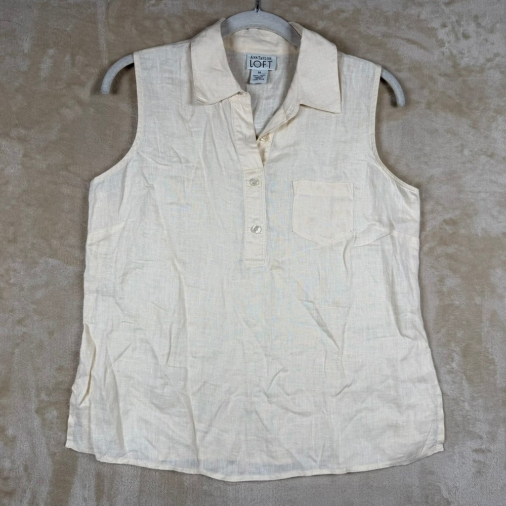Ann Taylor LOFT Womens Size M Light Yellow 100% Linen Sleeveless Henley Blouse
